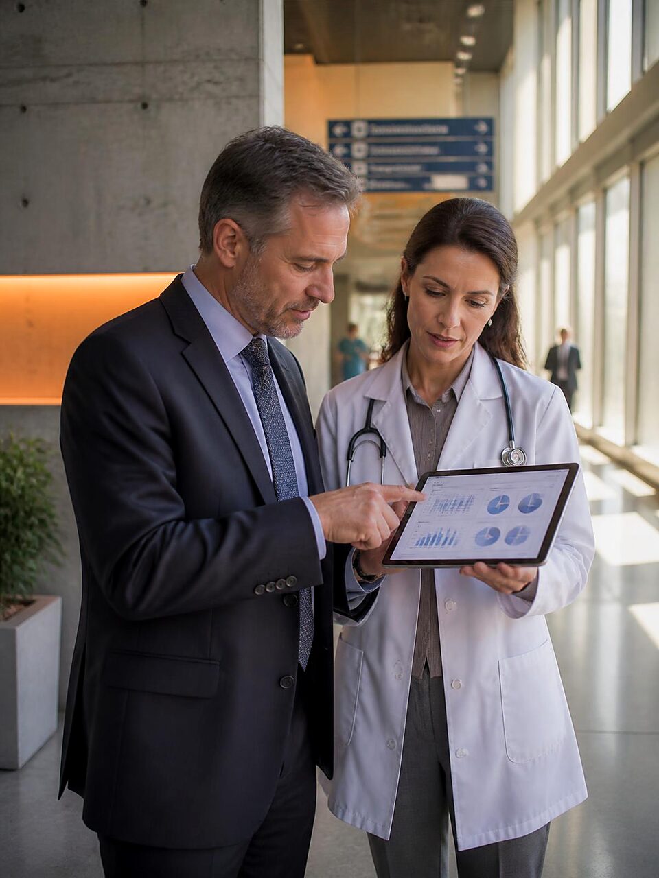 Healthcare capital adviser and a doctor reviewing funding performance charts on a tablet in a hospital corridor
