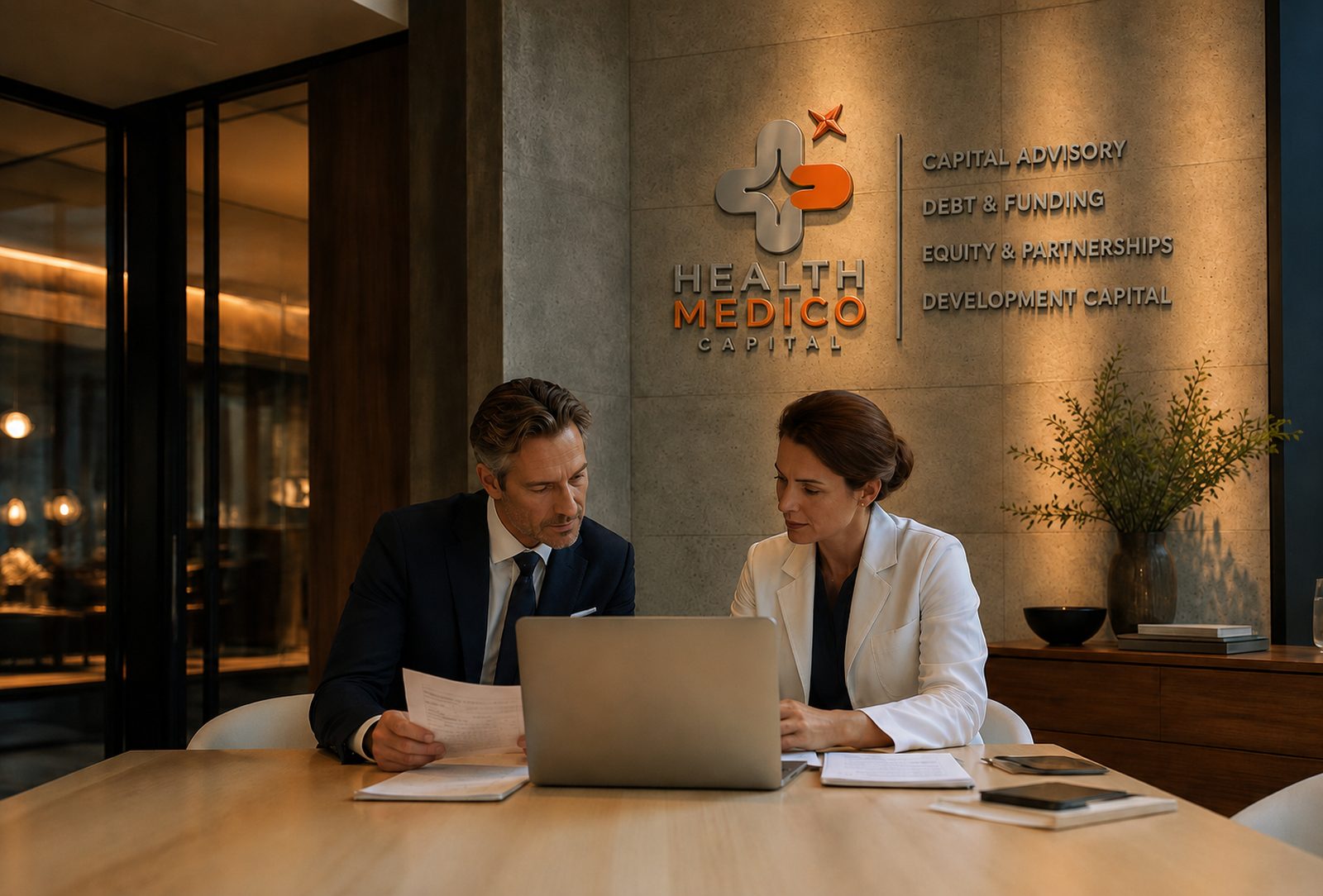 Two Health MediCo™ Capital advisers reviewing funding documents at a boardroom table beneath a concrete feature wall showing the firm's logo and capital services