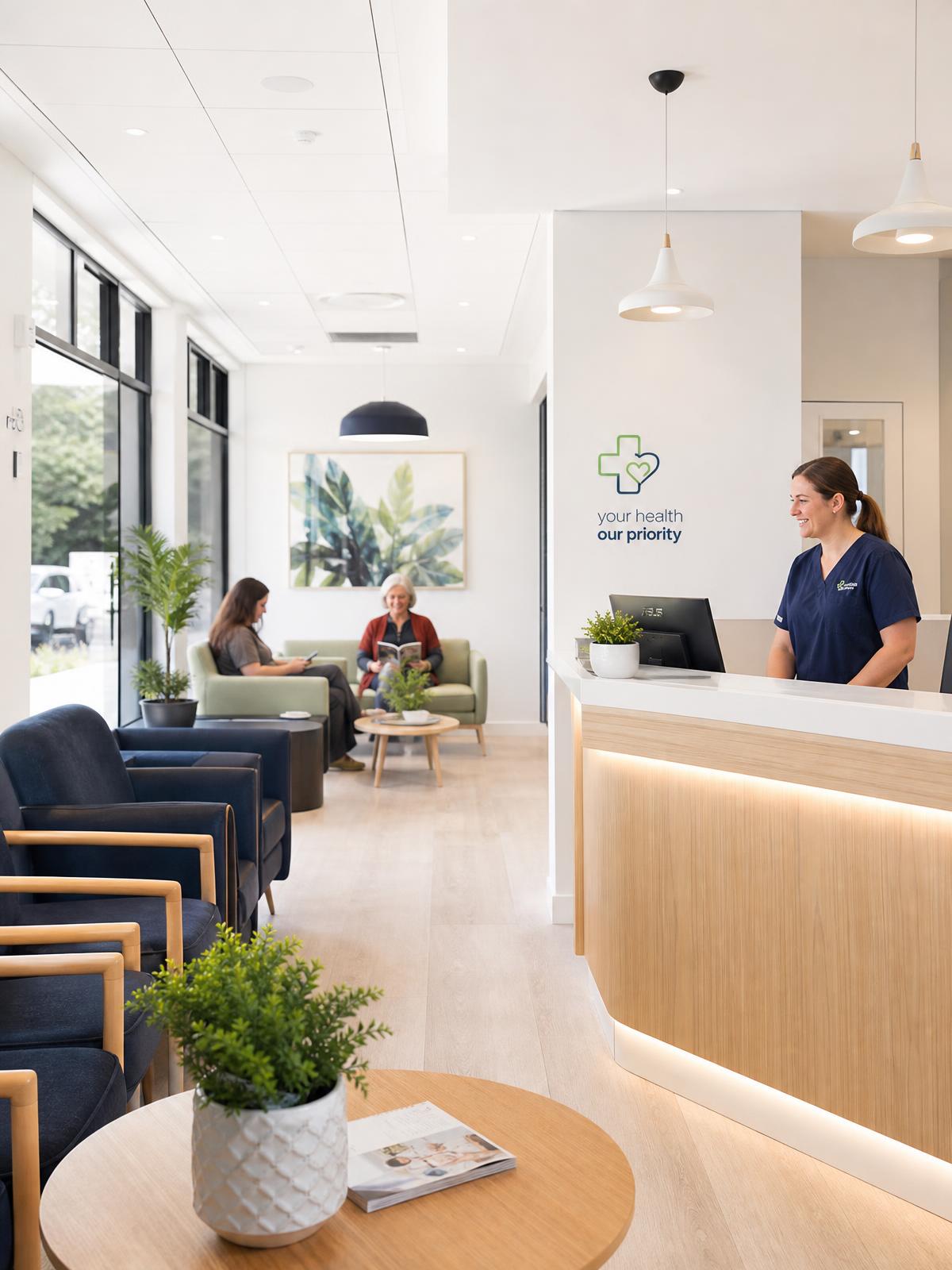 Bright modern GP clinic reception and waiting area
